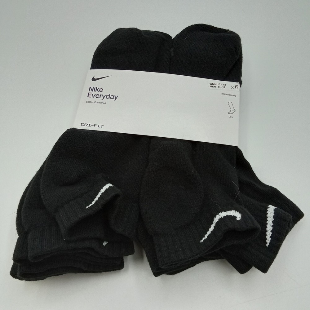 Nike Dri Fit 6 Pack Low Cut Black Socks Men's 8-12, Women's 10-13