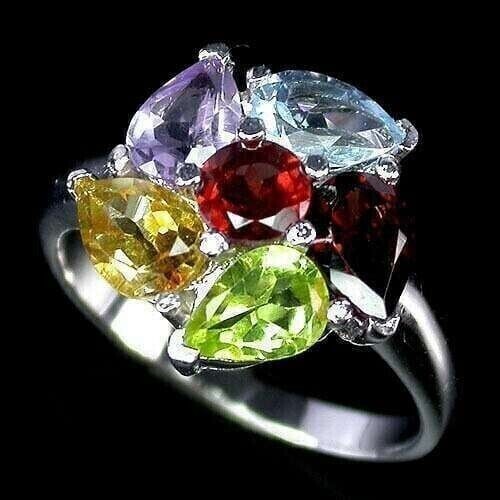 Sterling Silver Ring with Genuine Purple Amethyst Citrine Garnet Size US 9.5
