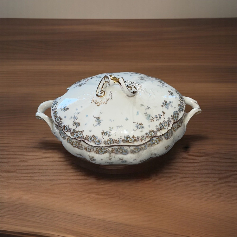 George Jones Sons England  Porcelain Serving Dish W Lid Blue Floral Gold 13”