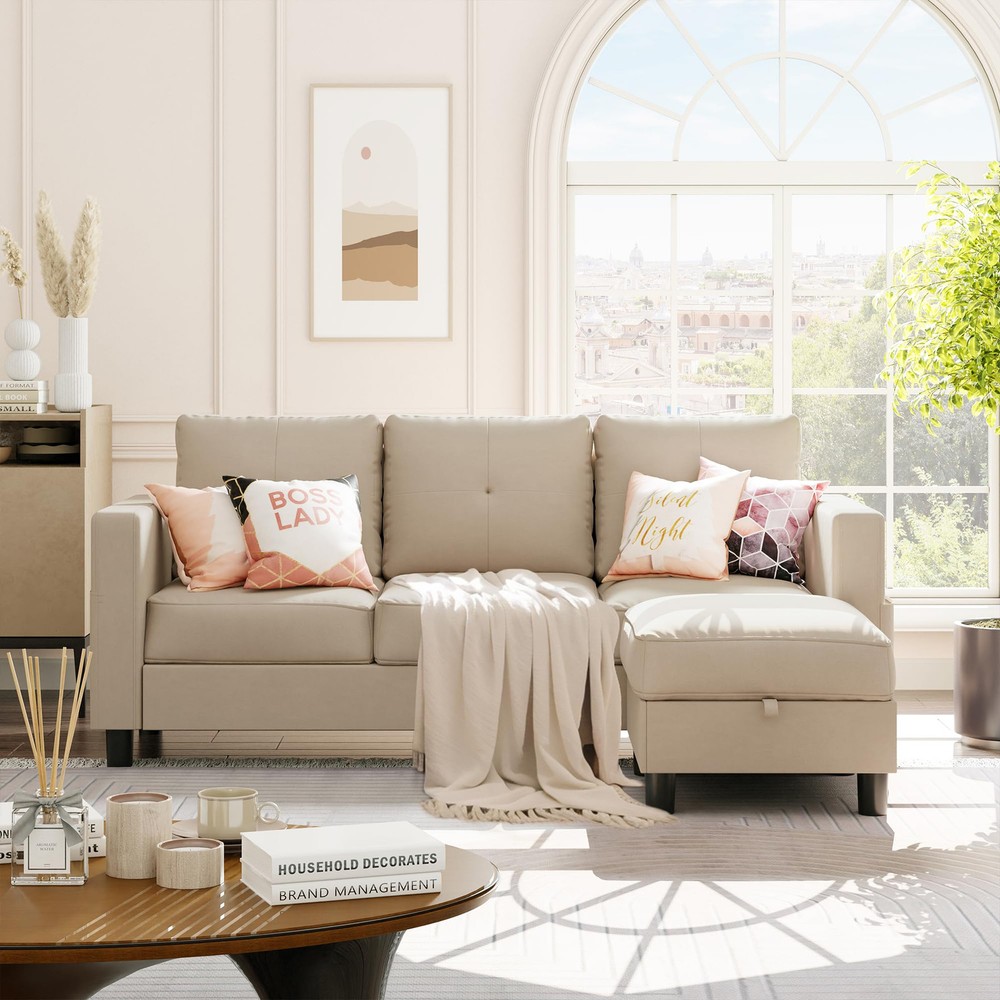 Modern L-Shaped Convertible Sectional Sofa with Linen Fabric - 3-Seater