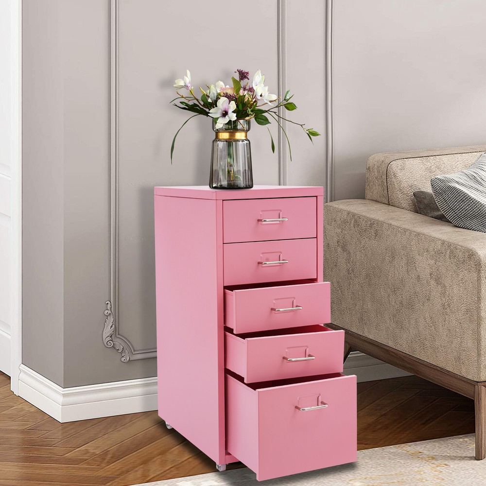 5-drawer Storage Cabinet With Wheels Metal File Cabinet Office Organizer Pink