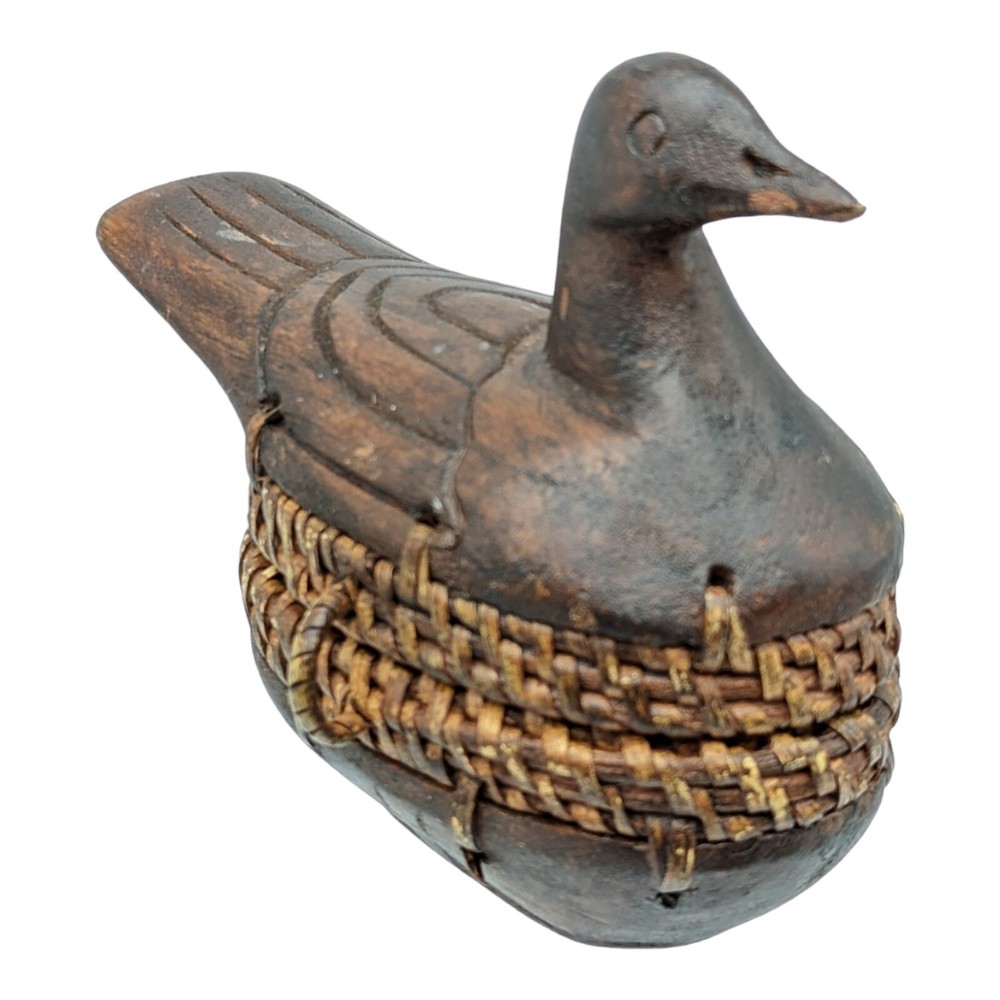 Duck Fowl Bird Hand Carved Wood Rattan Weave Trinket Jewelry Coin Box Pier 1