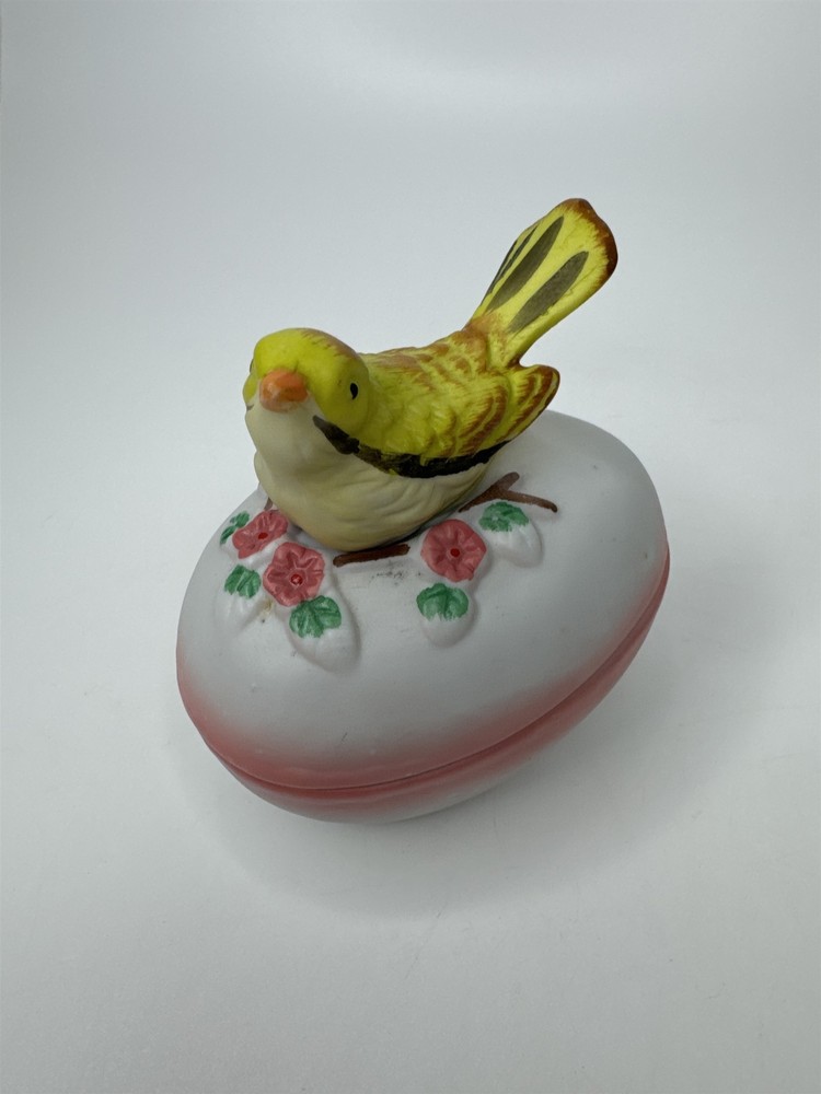 Vintage Porcelain Egg Trinket Box with Yellow Bird Songbird Made in Taiwan