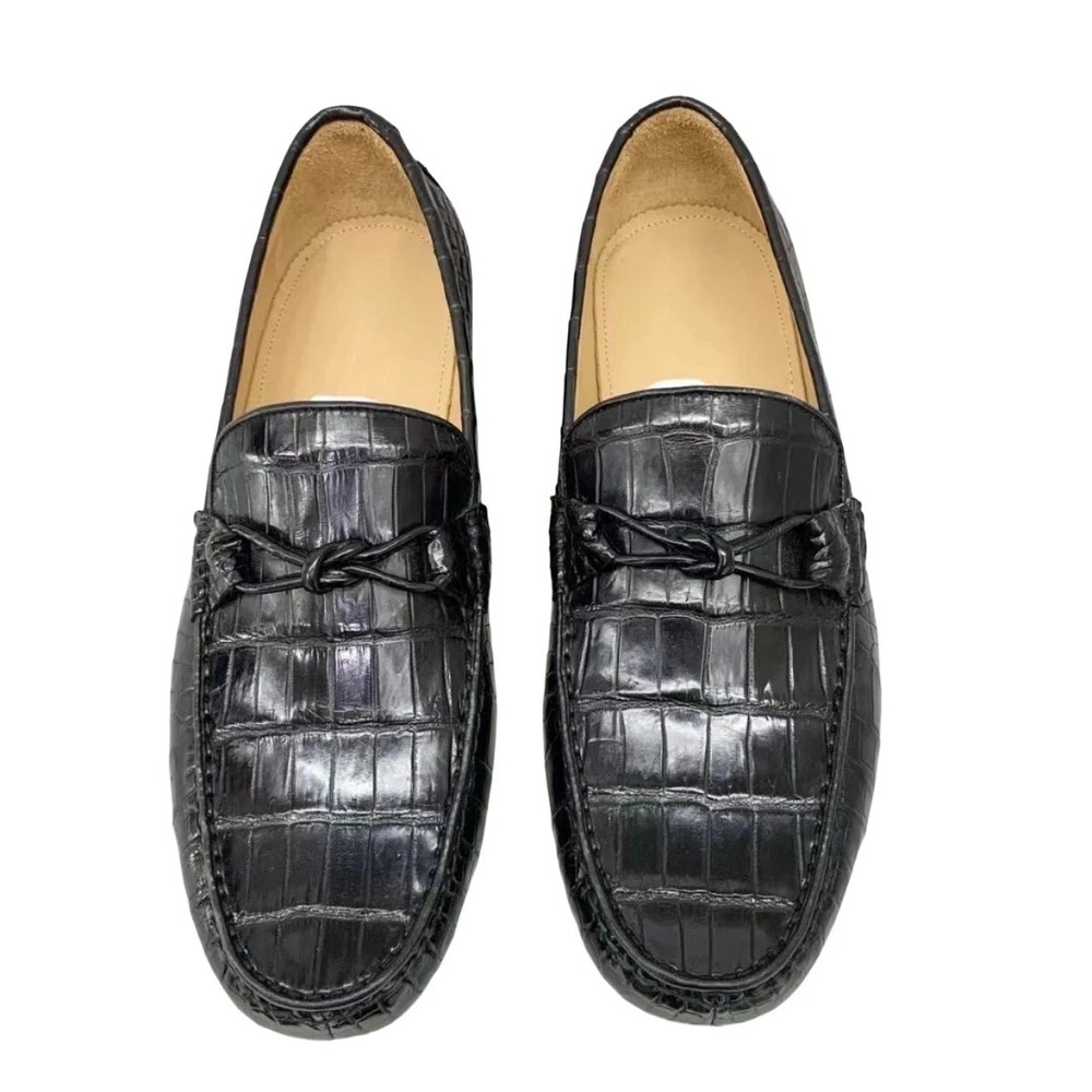 Handmade Slip On Black Real Leather Croc Text Moccasin Dress Party Shoes For Men