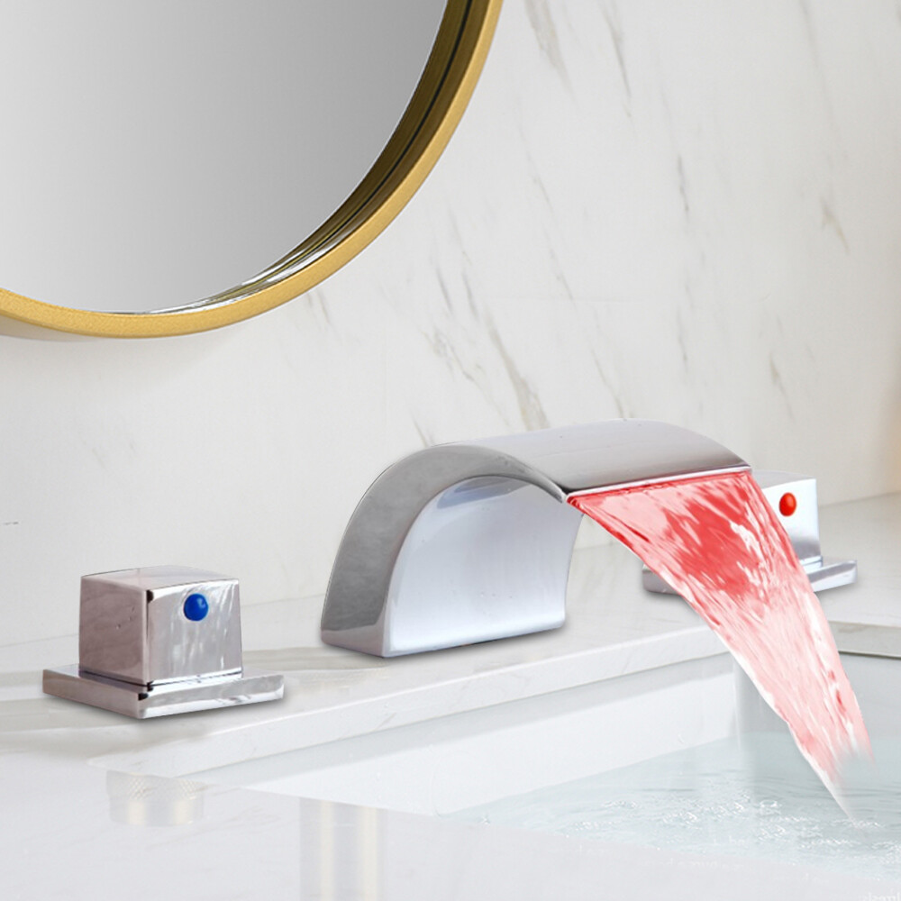 Brass Stainless Steel 2 Handle Waterfall Vanity Basin Mixer Tap with LED