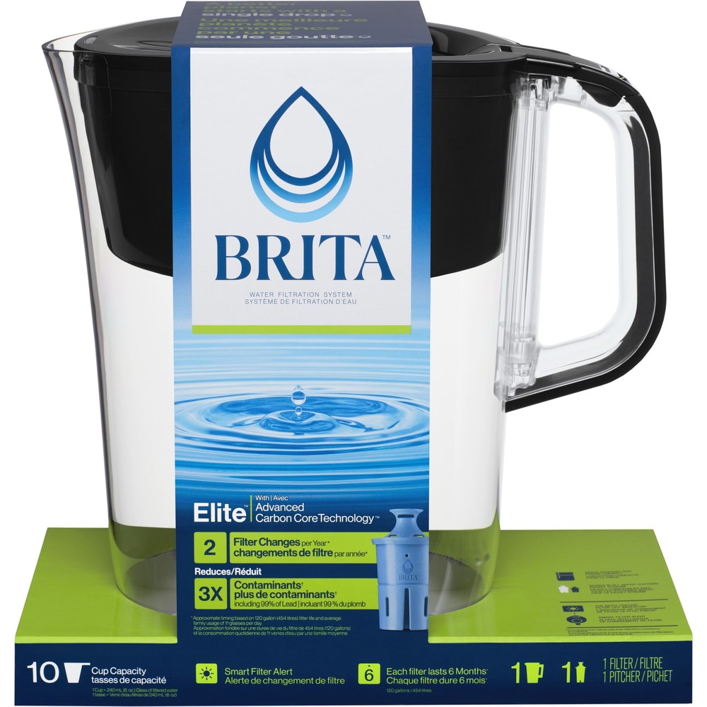 Brita Large 10 Cup Black Tahoe Water Filter Pitcher with 1 Brita Elite Filter