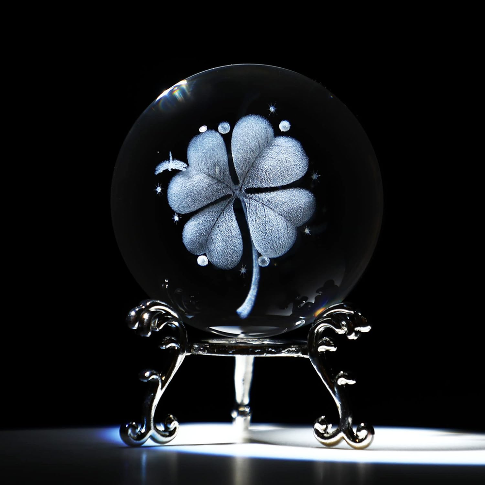 60mm Silver-Plated Four-Leaf Clover Crystal Ball with Floral Base