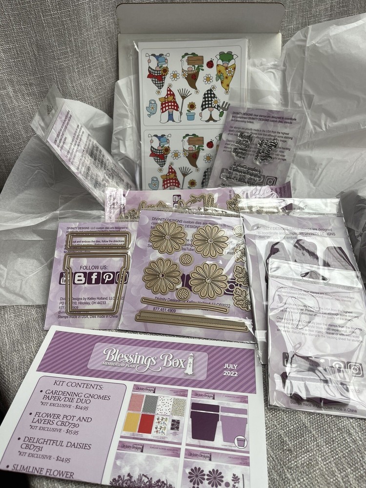 Divinity Designs Card Scrap Kit July 2022 Garden Gnomes Herbs Stamps Paper Dies