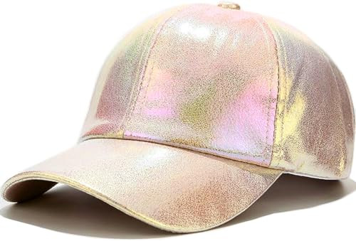 Baseball Cap for Women Men Shiny PU Leather Sun Hats Adjustable Hip Laser Beige
