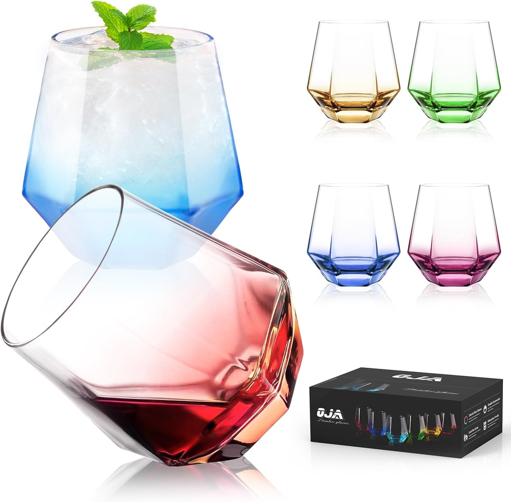 Stemless Diamond Crystal Wine Glasses Set of 6 Clear Colored