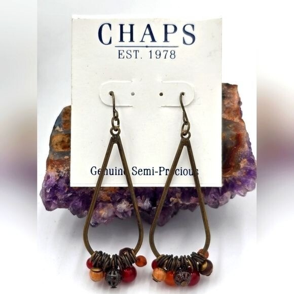 Bohemian Chaps Carnelian Jasper Dangle Hoop Earrings 2.75 Inches