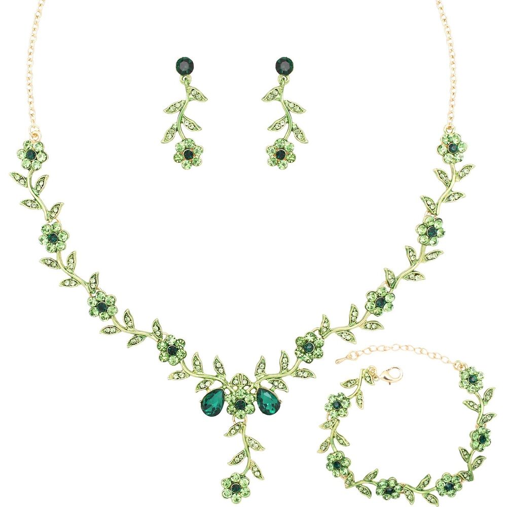 Flower Leaf Crystal Pendant Necklace Dangle Earrings Link Bracelet Bride Brid...
