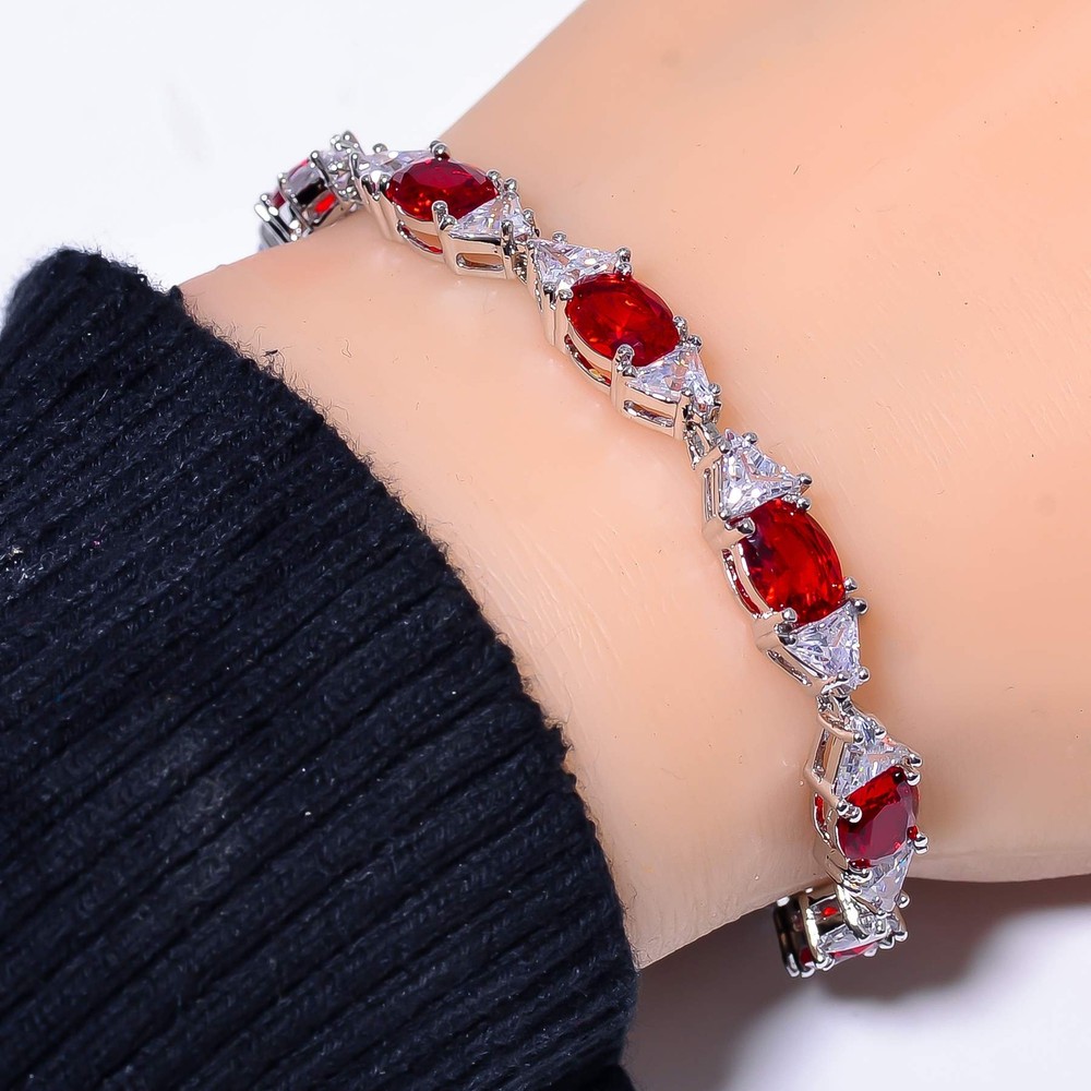 Red Garnet & Cubic Zirconia 925 Sterling Silver Tennis Bracelet 7.99