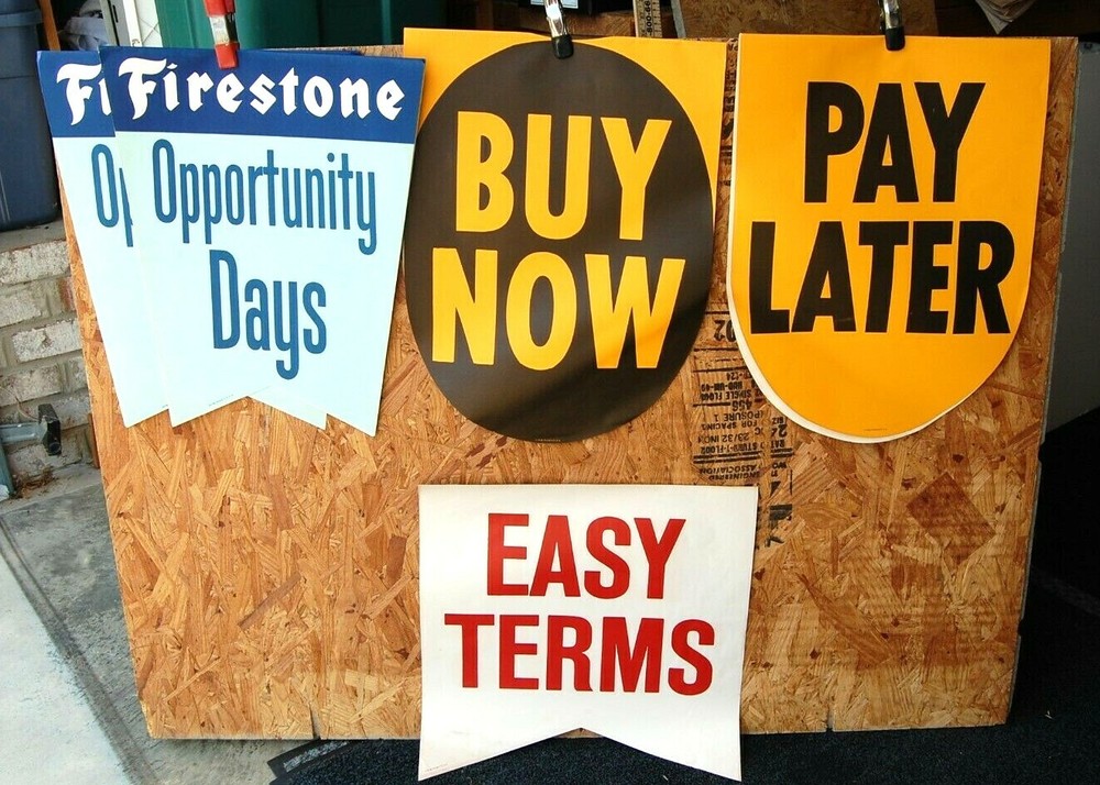 5 VINTAGE FIRESTONE TIRE ADVERTISING SIGNS DISPLAY Gas Station Buy Now-Pay Later-image
