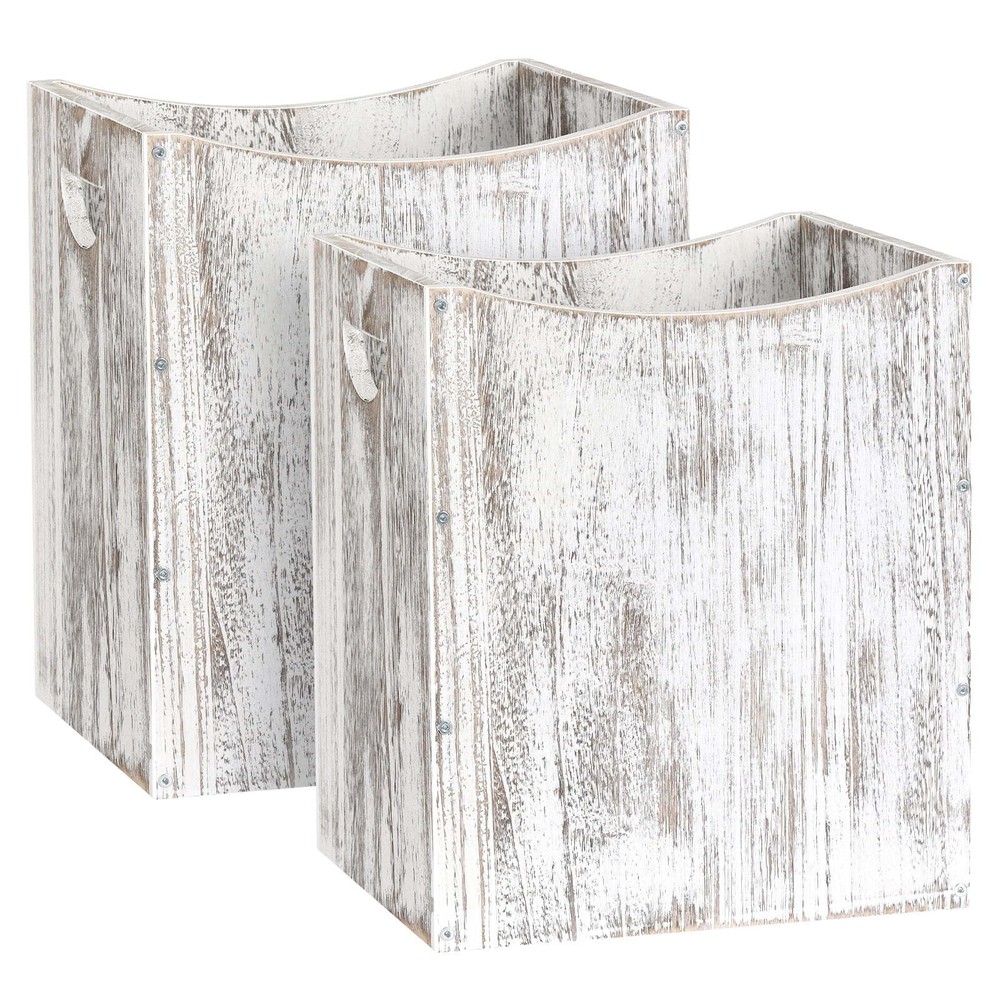 5.3 Gallon Rustic Wood Trash Can Wastebasket with Handles, White-Brown, Set of 2