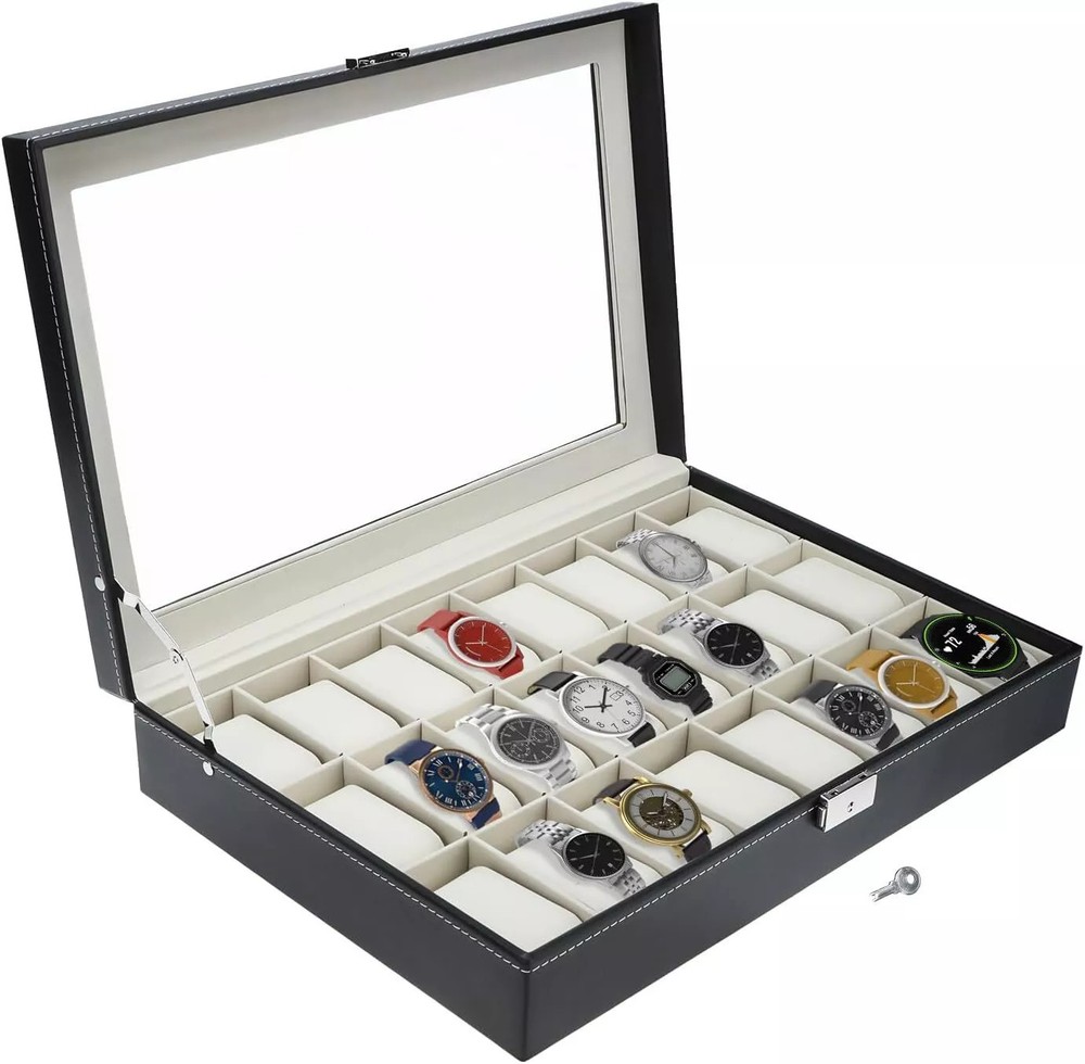 24-Slot Leather Jewelry Watch Box with Lock - Display Case & Organizer