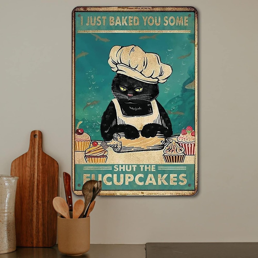 Funny Retro Cat Bakes Cakes Metal Tin Sign Vintage Kitchen Coffee Bar Wall Art