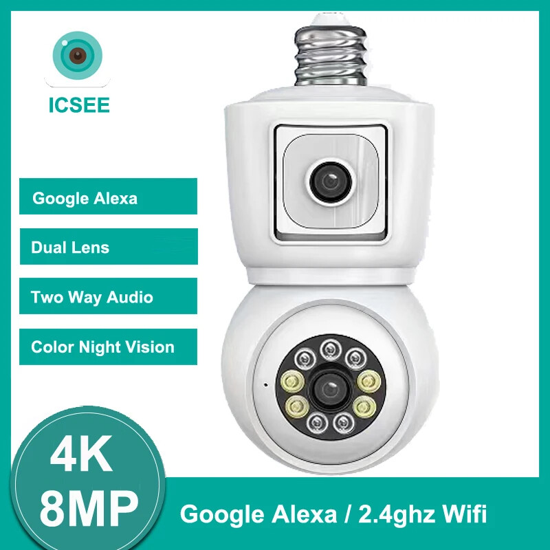 4K 8MP E27 Bulb WiFi Camera Dual Lens Dual Screen Auto Tracking Two Way Audio