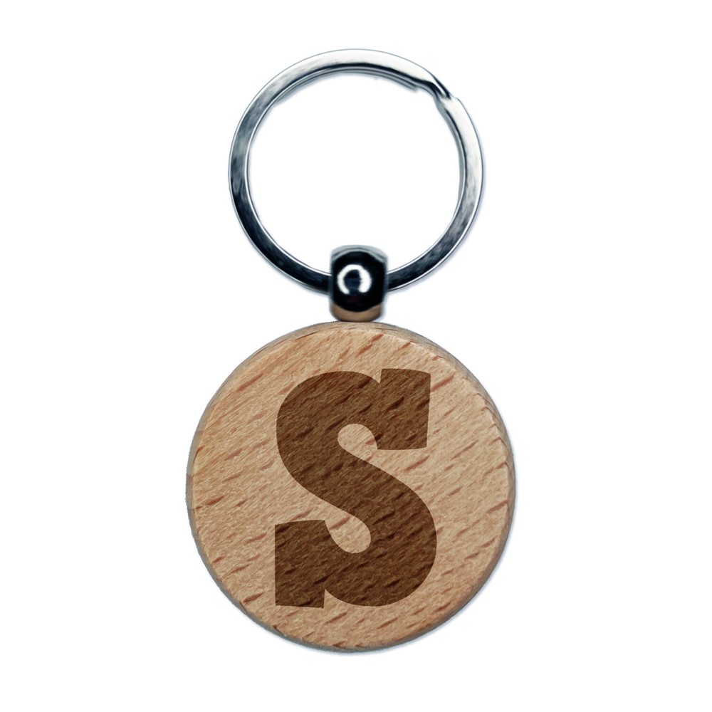 Letter S Uppercase Fun Bold Font Engraved Wood Round Keychain Tag Charm