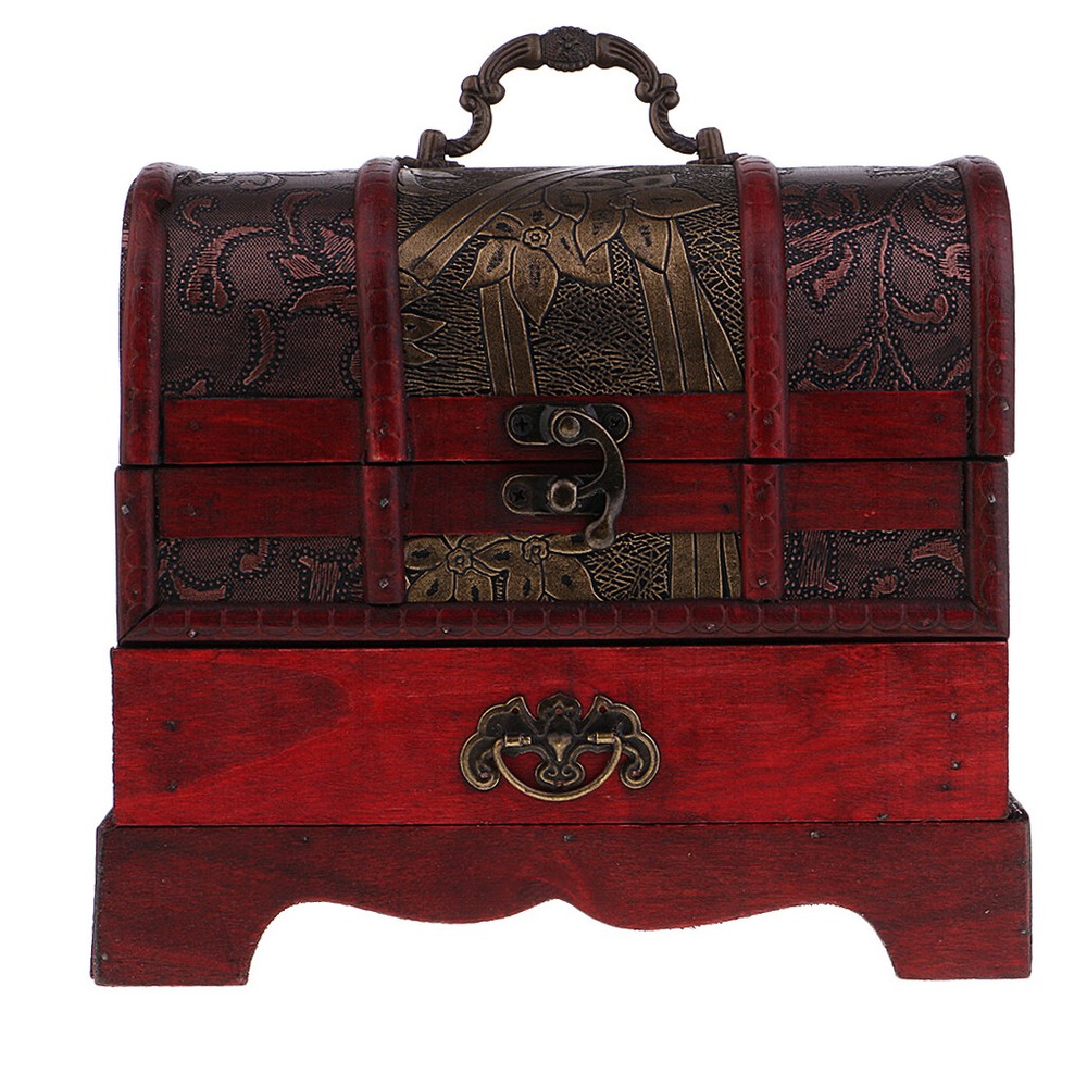 Vintage Chinese Wooden Jewelry Box 8.6 Inch Treasure Chest Gift Storage