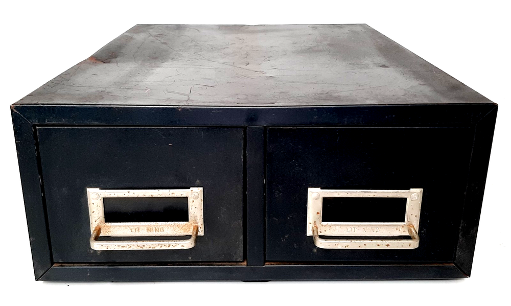 Vintage Steel 2 Drawer Library Card File Box Stackable Metal Parts Storage Black