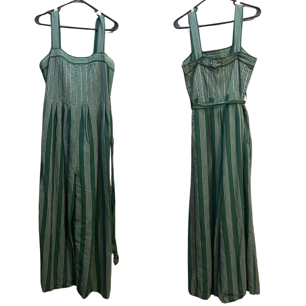 ANTHROPOLOGIE Payal Pratap Cha Cha Green Stripe Wide Leg Crop Linen Jumpsuit 8-image
