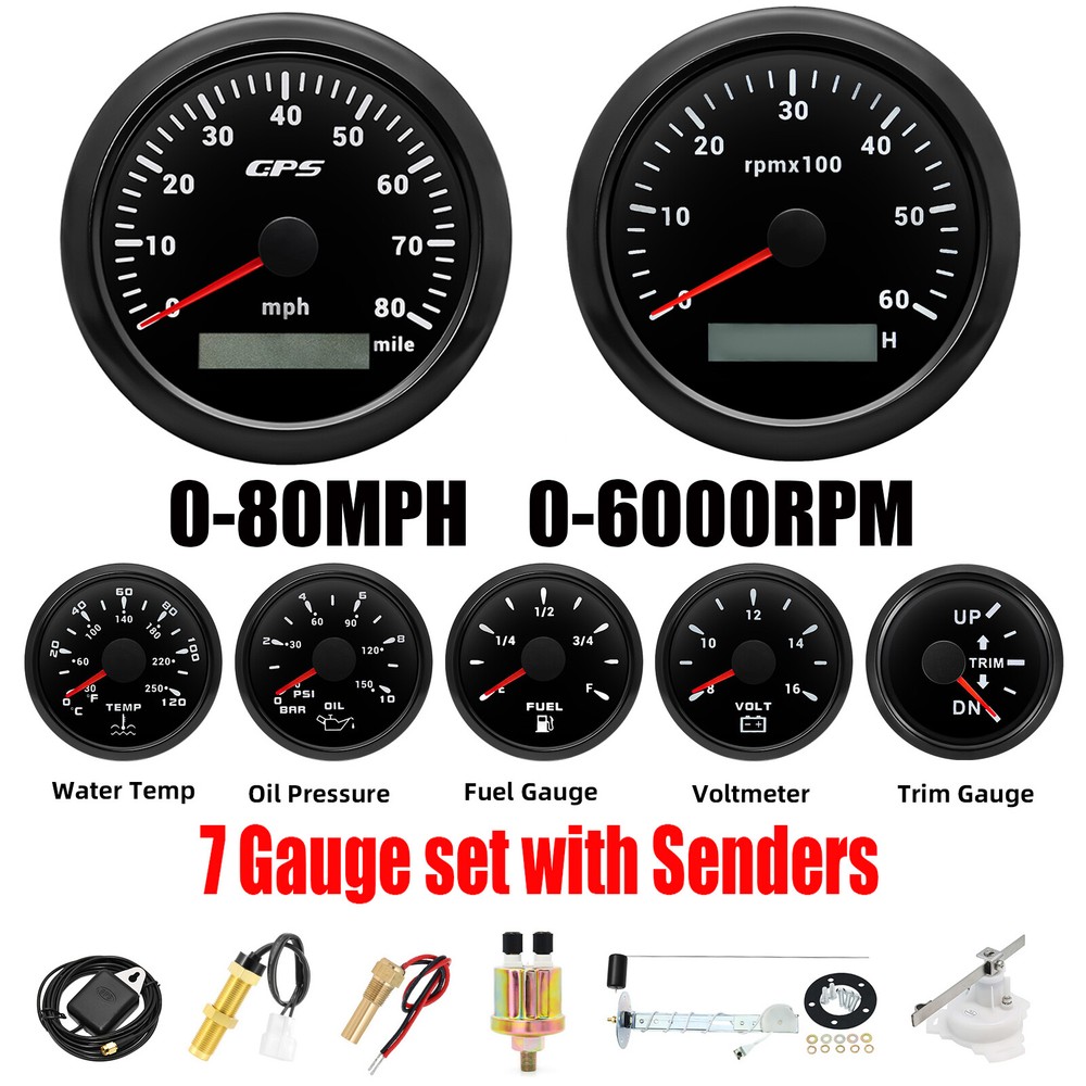 85mm GPS Speedometer 80mph Tacho&52mm Fuel/Temp/Oil/Volt/Trim Gauge Set for Boat
