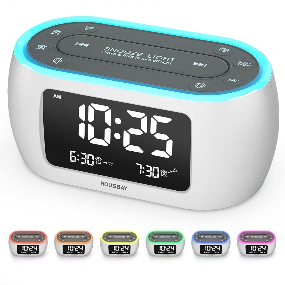 Glow Small Alarm Clock Radio for Bedrooms with 7 Color Night Light, Dual Alar...