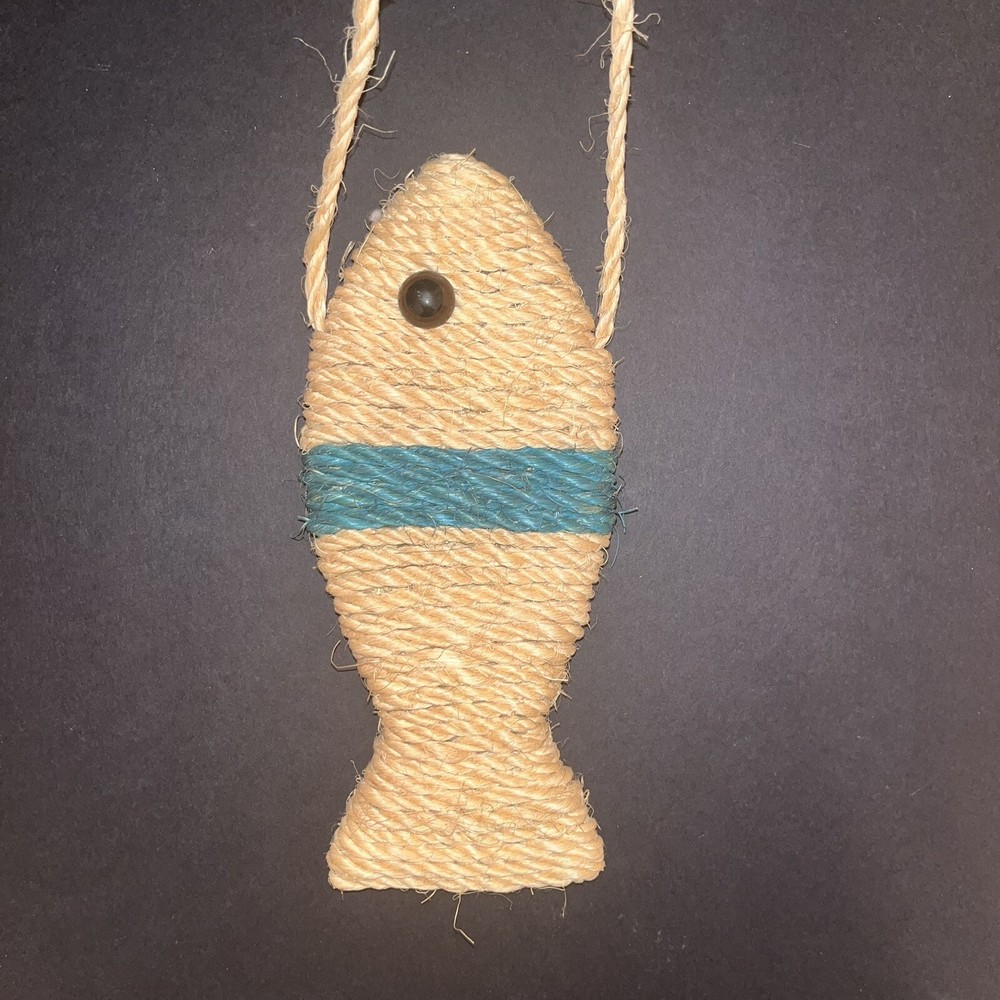 Fish Shaped Sisal Cat Scratching Toy Hanger Decor Beige Teal Black Plastic Eye