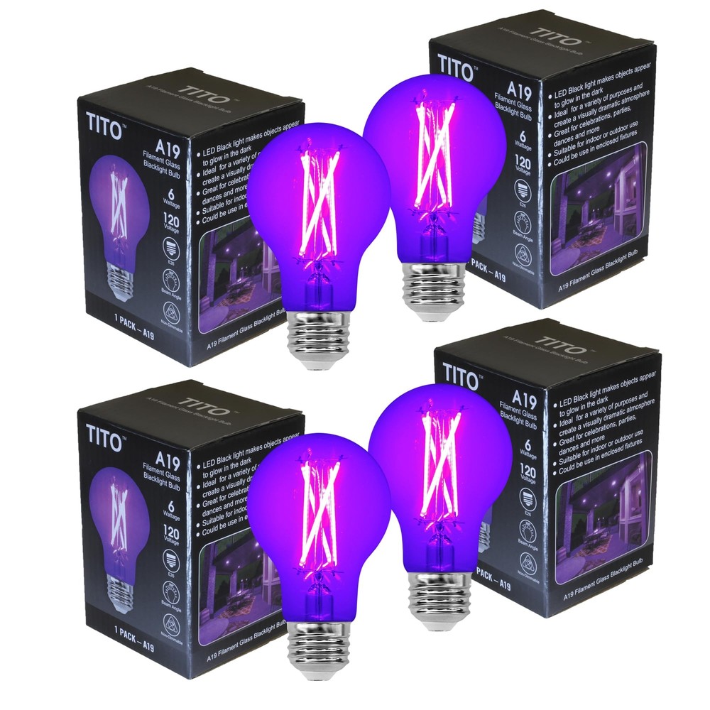 4 Pack E26 A19 Filament LED Black Light Bulbs, UVA 395nm 6W Blacklight Bulb 1...