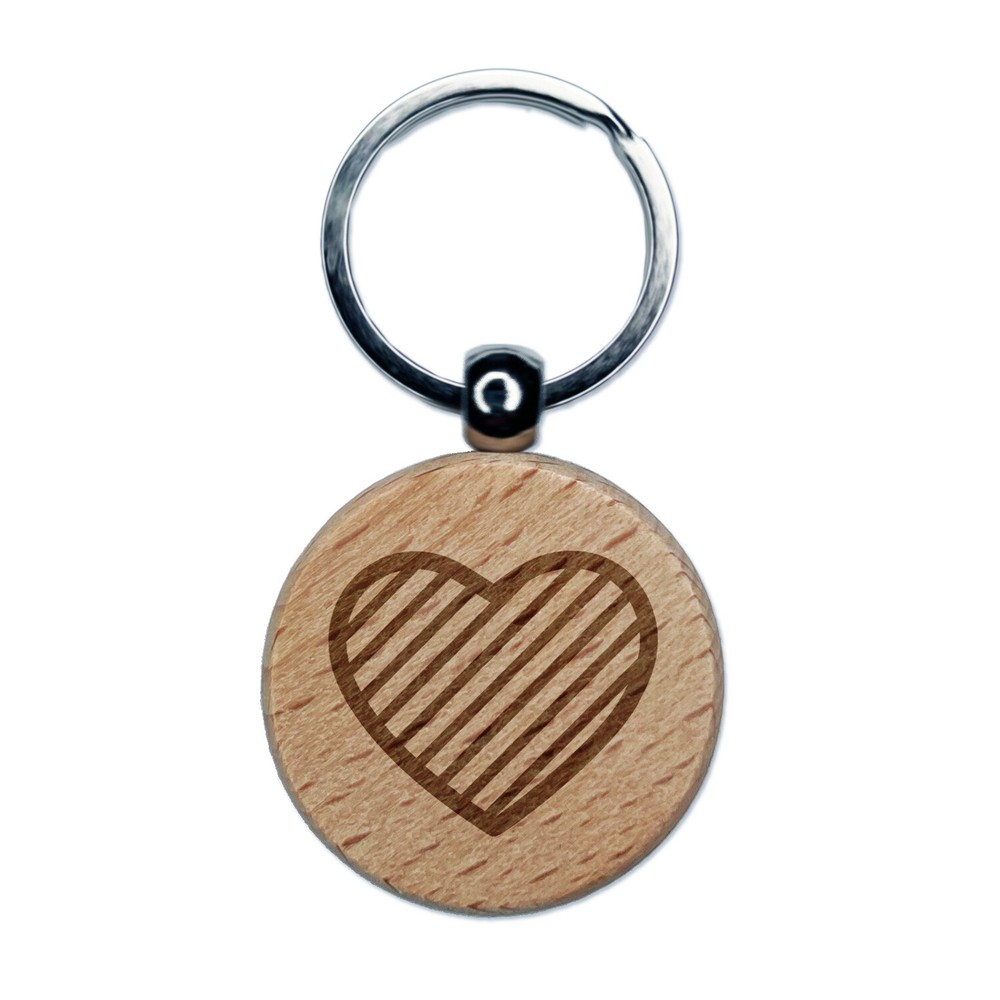 Striped Heart Engraved Wooden Keychain Charm Tag  