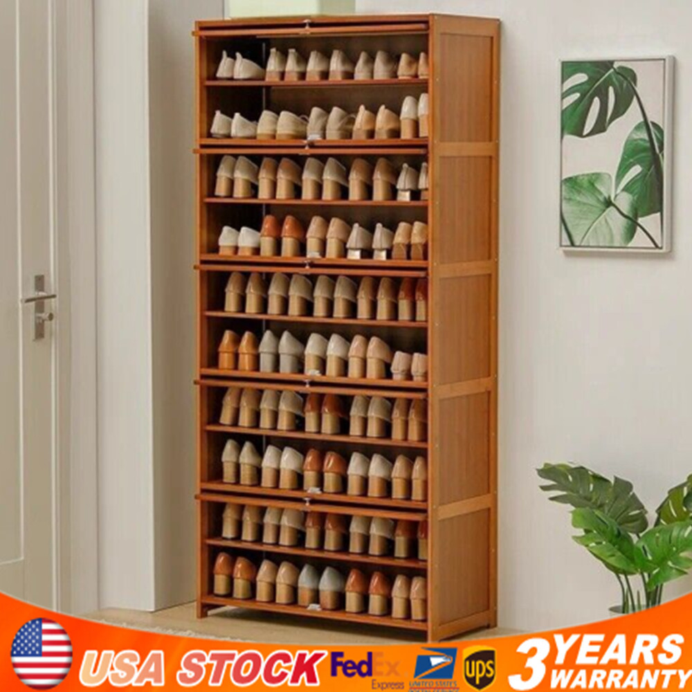 10-Layer Bamboo Shoe Rack Storage Cabinet with Book Stand for Entryway
