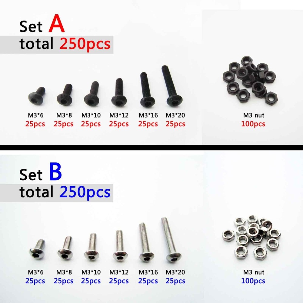 250pcs Assortment Kit M2 M3 Round Button Head Hex Socket Allen Bolt Screw Nut