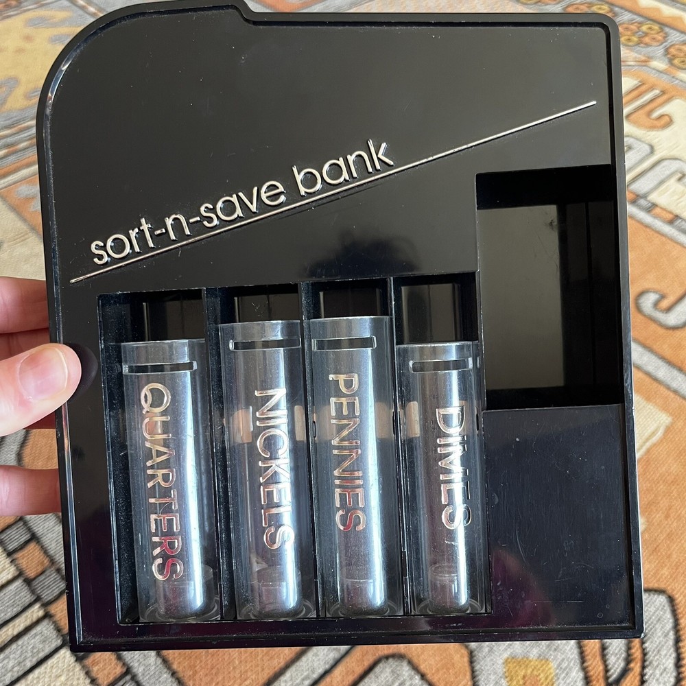 Vintage 70s 80s Black Plastic Sort-N-Save Penny Bank Coin Sorter Roller Counter