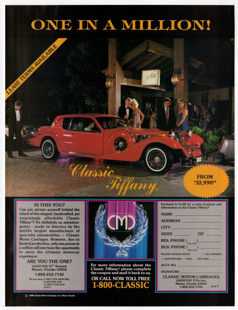 1987 CLASSIC Tiffany Vintage Original Print AD - Red car photo Luxurious elegant
