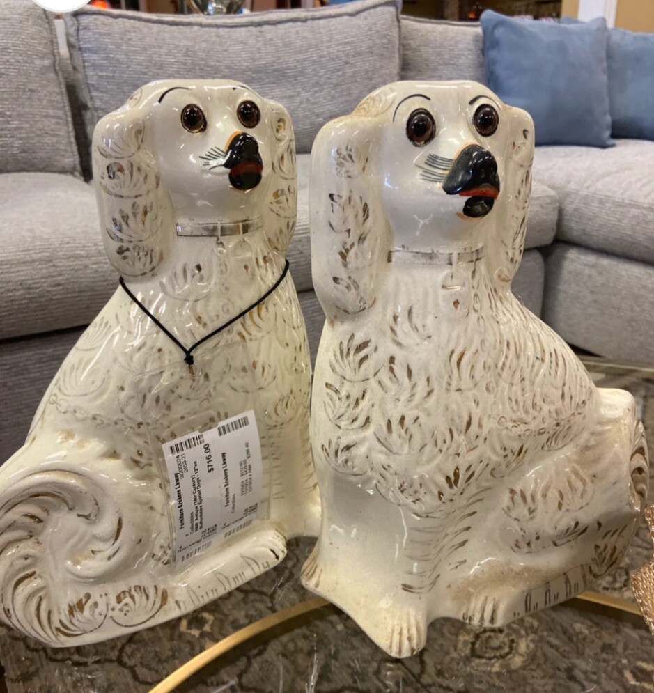 Old Antique Pair of Two 2 Staffordshire English Spaniels Dogs Ceramic Pottery