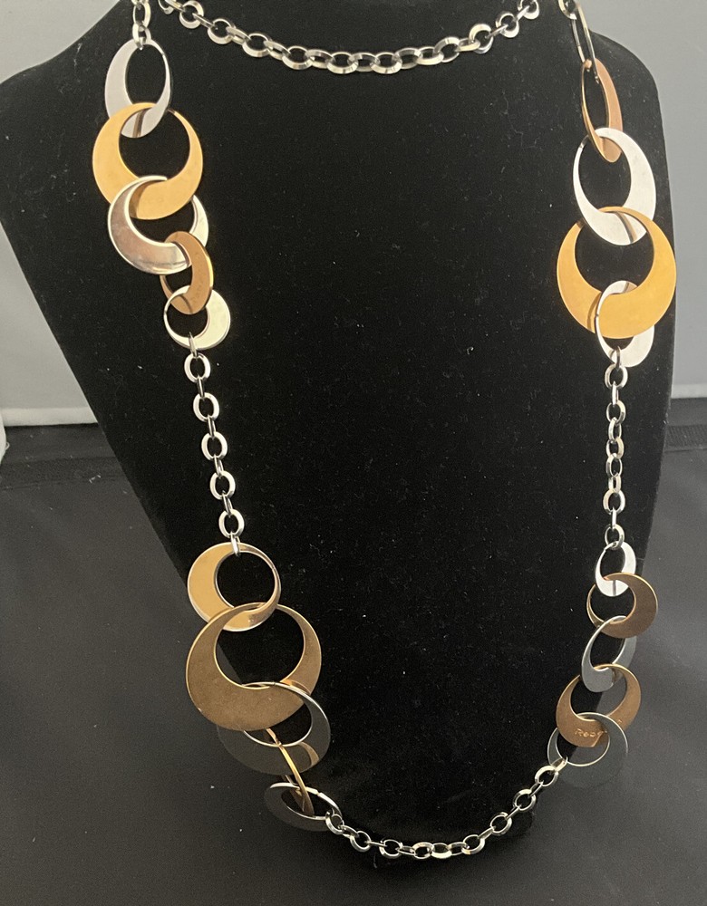 Dana Rebecca Two-Tone Gold Bonze r& Silver Italian Disc Necklace Extra Long 34”