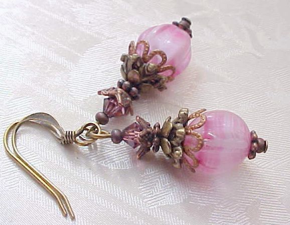 Fuchsia Earrings Pink Glass Collector Vintage German Beads Civil War Victorian