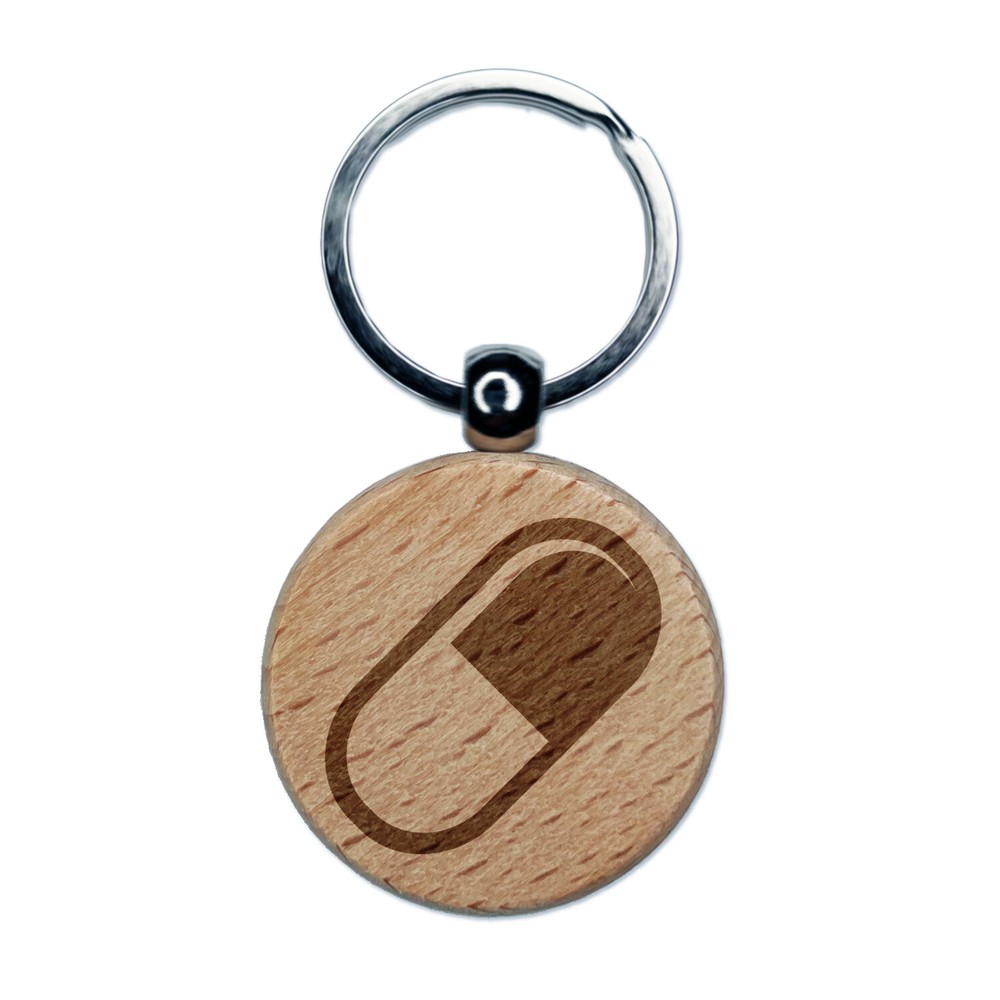 Pill Medicine Engraved Wood Round Keychain Tag Charm