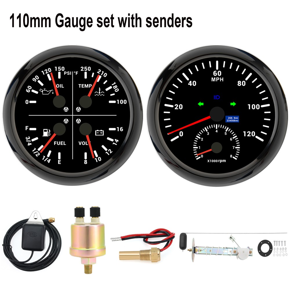 110mm GPS Speedometer 0-120MPH Tachometer 8000RPM 4-in-1 Gauge with Senders