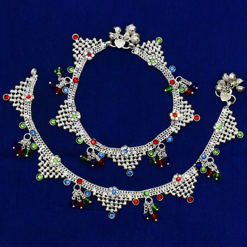 Ankle Anklet Silver Plated Multi Stone Charms Tone Bell Tassel Traditional Payal