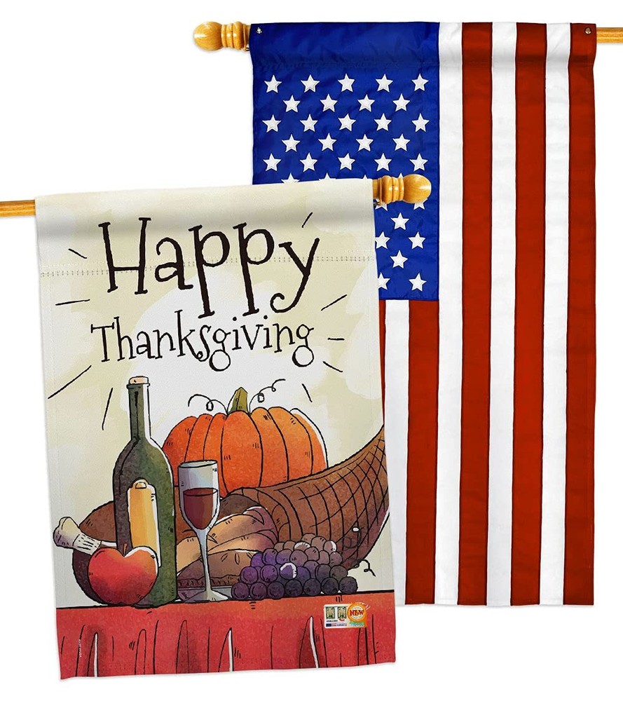 Happy Thanksgiving Feast House Flag - Pack Fall Turkey Give Thanks Gobble Pum...