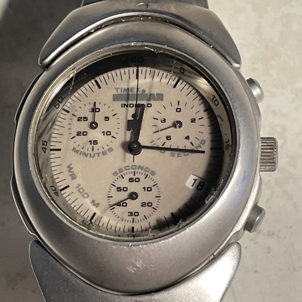 Vintage Timex Ironman Indiglo Chronograph Stainless Steel Mens Watch 9” K6