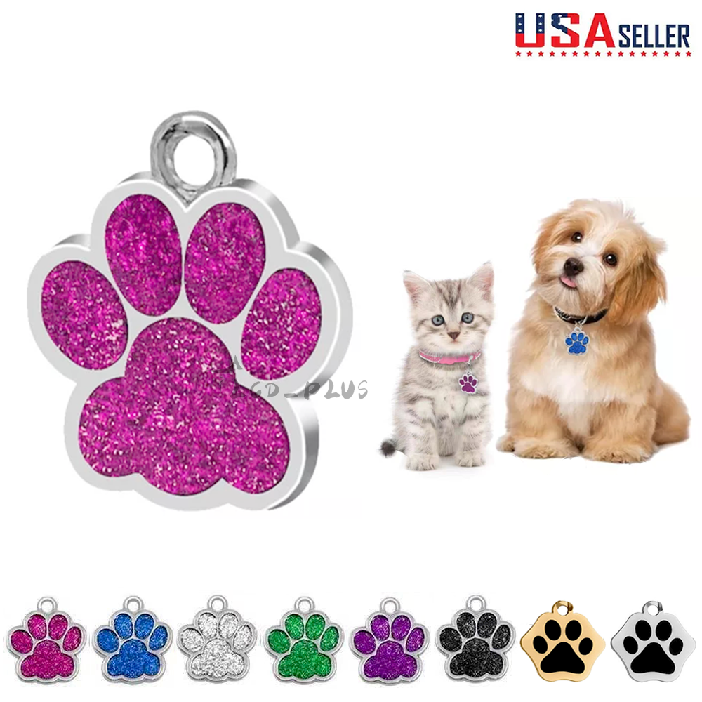 Personalized Paw Glitter Dog Tags Engraved Cat Puppy Pet ID Name Collar Tag New