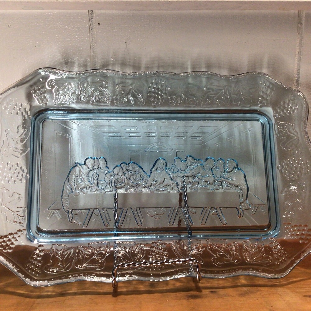 Blue Tiara,Indiana Glass,Bread Plate Tray, The Last Supper, 11”L., 7” W.,1.25” H