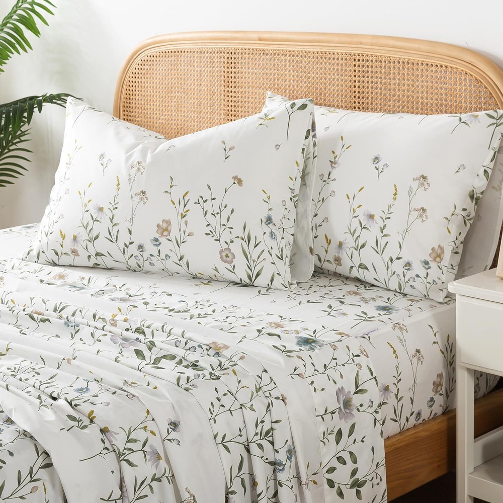 Off White Floral Sheets Queen 100% Cotton Wildflower Bed Sheet Set Green Leav...