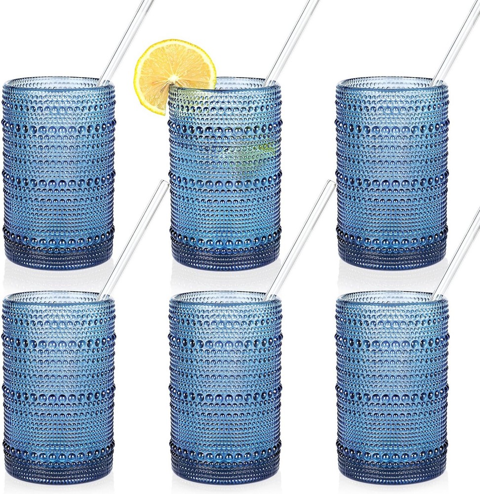 6 Large 15oz Blue Vintage Hobnail Embossed Drinking Glasses