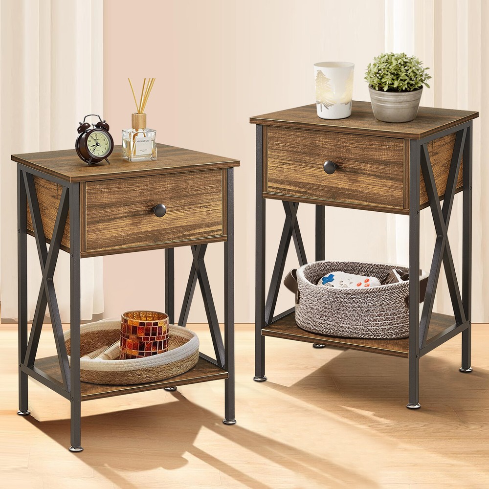 Set of 2 Nightstand Bedroom Bedside Table Multi Colorful Wood End Tables Drawer