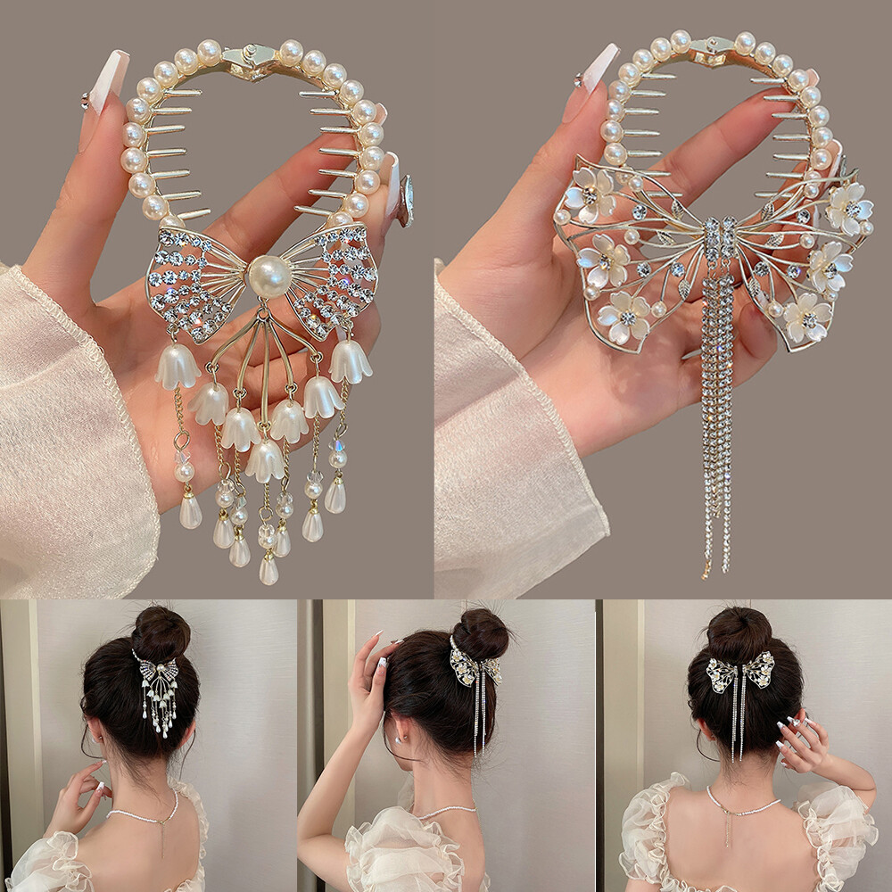 Sweet Bow Tassel Hair Clip Pill Head Hair Claw Girl Elegant Pearl Hair Clip