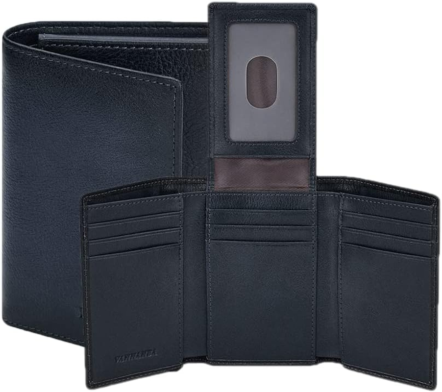 Mens Genuine Leather RFID Trifold Wallet with ID Window, Credit Card Pockets (Bl